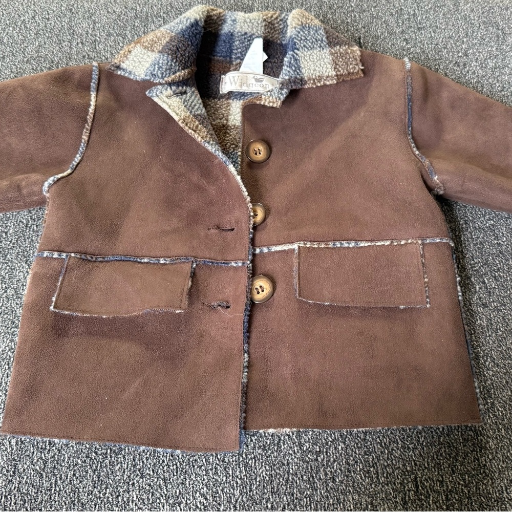Stylish Brown Kids Pea Coat with Plaid Collar